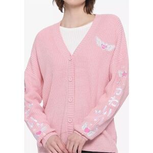 Hot Topic Women’s Medium Kawaii Wings Embroidered Cardigan Sweater Pink Button